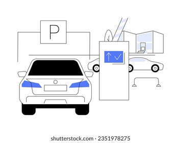 Parking entry station abstract concept vector illustration. Car drives into the parking station through the barrier, smart city, IoT idea, Internet of Things, modern technology abstract metaphor.