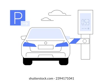 Parking entry station abstract concept vector illustration. Car driver pulls into the parking lot station, personal transport driver, lane entry station, automatic barriers abstract metaphor.