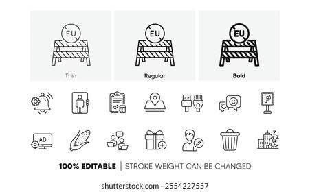 Parking, Eu close borders and Teamwork line icons. Pack of Seo adblock, Notification bell, Corn icon. Elevator, Smile, Edit person pictogram. Trash bin, Add gift, Pin. Line icons. Vector