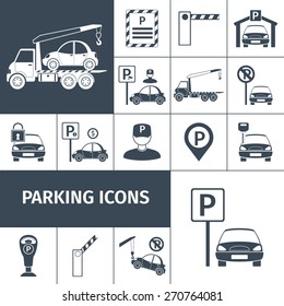 Parking lot facilities black decorative icons set isolated vector illustration