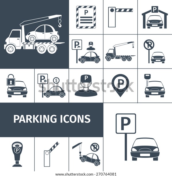 Parking lot facilities black decorative\
icons set isolated vector\
illustration