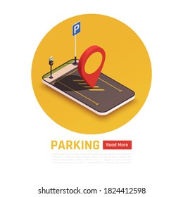Parking fast and easy with mobile app isometric composition with location on smartphone screen website vector illustration