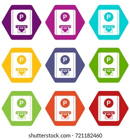 Parking fee icon set many color hexahedron isolated on white vector illustration