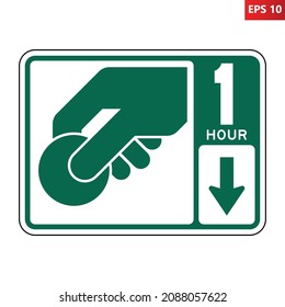 Parking fee station sign. Vector illustration of rectangle road sign with hand holding coin icon inside. United States traffic sign. Paid parking zone symbol. Car paid machine area. Pay for car park.