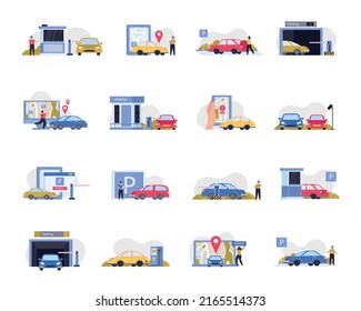 Parking flach gefärbte Ikone Set bewachte und unbewachte Parkplätze mit Barriere und Kameras auf der Straße und unterirdische Vektorgrafik
