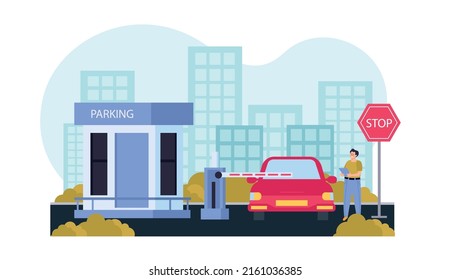 Parking Flat Composition Secure Parking On The Street In The Middle Of Town With Valet Booth And Barrier Vector Illustration