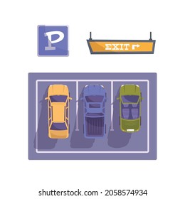 Parking flat composition with top view of three cars in slots with parking sign and exit arrow vector illustration