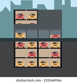 Parking of the future, underground, above ground, garage with cars, vector, illustration