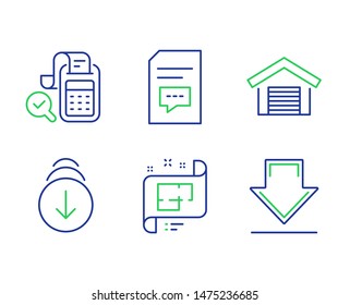 Parking garage, Architectural plan and Scroll down line icons set. Bill accounting, Comments and Downloading signs. Car place, Technical project, Swipe screen. Audit report. Technology set. Vector