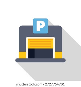 Edificio de garaje de estacionamiento con puerta de persiana cerrada y estilo de diseño plano Iniciar sesión p con sombra larga