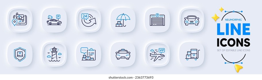 Parking garage, Car and Inventory cart line icons for web app. Pack of Delivery service, Taxi, Inventory report pictogram icons. Parking security, Lighthouse, Package protection signs. Vector