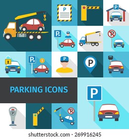 Parking garage and car service decorative icons flat set isolated vector illustration