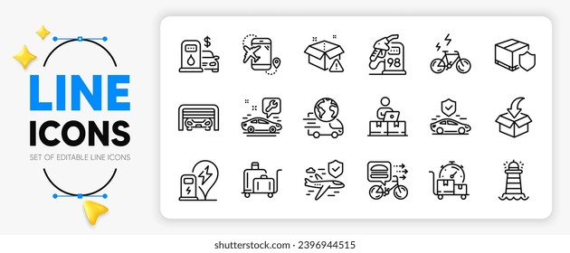 Parking garage, Delivery warning and Flight destination line icons set for app include Delivery insurance, Luggage trolley, Charging station outline thin icon. E-bike, Moving service. Vector