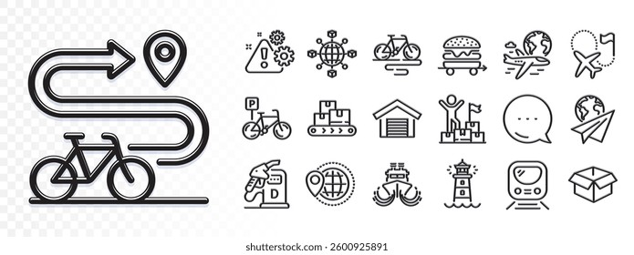 Parking garage, Destination flag and Delivery man line icons for web app. Glare of light effect. Message icon. Pack of Diesel station, Ship, International flight pictogram icons. Vector