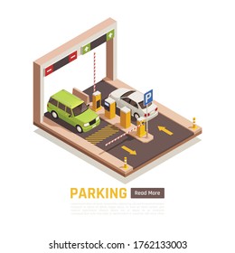 Parking garage entrance exit automatic sliding door ticket machine 2 cars isometric element web page vector illustration 