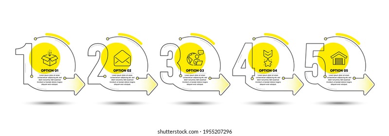 Parking garage, Get box and Winner medal line icons set. Timeline process infograph. Mail sign. Car place, Send package, Ranking star. E-mail. Business set. Infographics timeline template. Vector