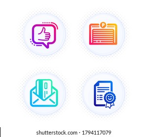 Parking garage, Like and Credit card icons simple set. Button with halftone dots. Smile sign. Automatic door, Thumbs up, Mail. Certificate. Technology set. Gradient flat parking garage icon. Vector