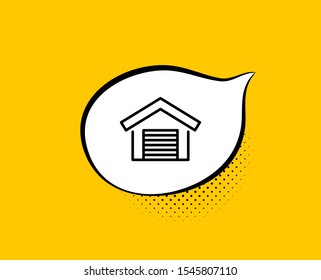 Parking garage line icon. Comic speech bubble. Auto park sign. Car place symbol. Yellow background with chat bubble. Parking garage icon. Colorful banner. Vector