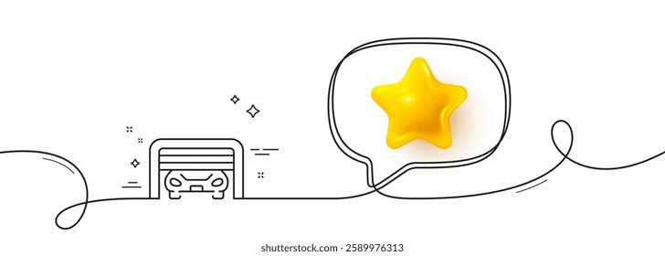 Parking garage line icon. Continuous line with 3d star. Auto park sign. Car place symbol. 3d star in speech bubble. Parking garage single line ribbon. Loop curve pattern. Vector