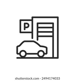 Parking garage, linear style icon. Multi-level parking garage with a car. Editable stroke width.