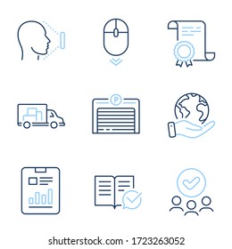 Parkgarage, Scroll runter und Face-Icons gesetzt. Diploma-Zertifikat, retten Planet, Gruppe von Menschen. Lkw-Transport, genehmigte Dokumentation und Dokumentenzeichen. Vektorgrafik