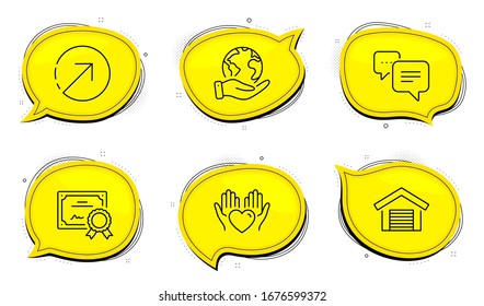 Parking garage sign. Diploma certificate, save planet chat bubbles. Direction, Dots message and Hold heart line icons set. Navigation pointer, Chat bubble, Care love. Car place. Vector