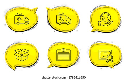 Parking garage sign. Diploma certificate, save planet chat bubbles. Car service, Ambulance car and Open box line icons set. Repair service, Emergency transport, Delivery package. Vector