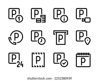 Parking and garage space line vector icons. Car-park services editable stroke outline icon set.