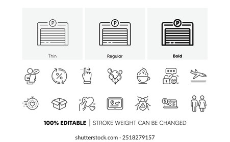 Parking garage, Touchscreen gesture and Cyber attack line icons. Pack of Customer survey, Loan percent, Software bug icon. Restroom, Online accounting, Coffee cup pictogram. Gps. Line icons. Vector