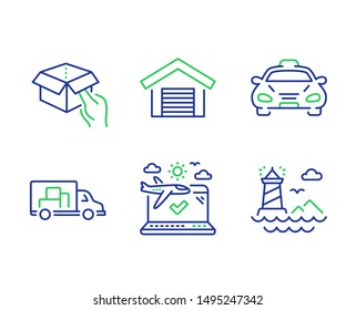 Parking garage, Truck transport and Airplane travel line icons set. Hold box, Taxi and Lighthouse signs. Car place, Delivery, Check in. Delivery parcel. Transportation set. Vector