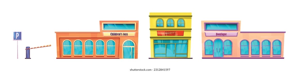 Parking grocery store building exterior vector set. Grocery retail supermarket front view illustration with toy market and boutique. Barrier and sign asset collection for commercial outdoor scene