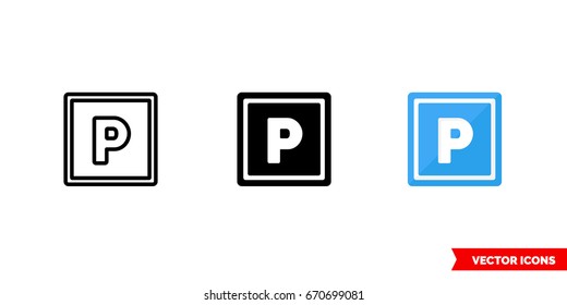 Parking icon of 3 types: color, black and white, outline. Isolated vector sign symbol.