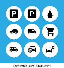 parking icon. 9 parking set with parked car, parking sign, garage and shopping cart vector icons for web and mobile app