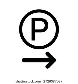 El icono de estacionamiento con una flecha indica la dirección hacia el área de estacionamiento.