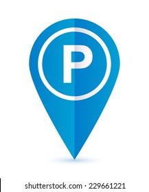 Parking icon blue map marker. Flat style symbol.