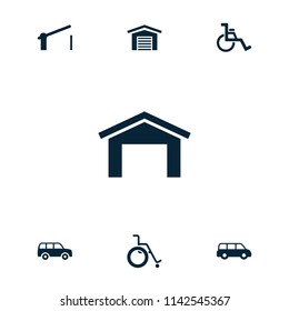 Parking icon. collection of 7 parking filled icons such as garage, car, wheel chair. editable parking icons for web and mobile.