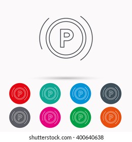 Parking icon. Dashboard sign. Driving zone symbol. Linear icons in circles on white background.