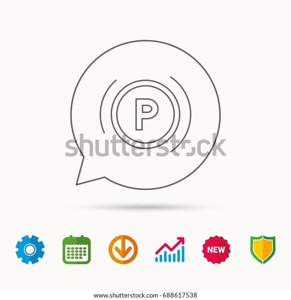 Parking icon. Dashboard sign. Driving zone symbol.
Calendar, Graph chart and Cogwheel signs. Download and Shield web
icons. Vector