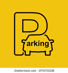 Parking icon. Linear drawing on yellow background. Car silhouette with stop symbol. Road sign. Abstract pictogram. Vector illustration flat design. Isolated on background.