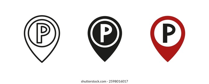 Parking icon. Location marker with "P" symbol vector illustration. Sign representing designated car space, navigation and urban convenience for drivers in public and private areas.