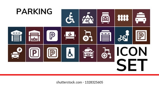parking icon set. 19 filled parking icons.  Collection Of - Disability, Garage, Parking, Wheelchairs, Taxi, Wheelchair, Hangar, Disabled, Ramp, Trunk, Railway