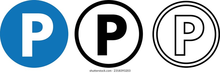 Icono de estacionamiento establecido en 3 estilos. Vector de icono de estacionamiento de coches. Aparcamiento y señales de tráfico aislados en fondo blanco