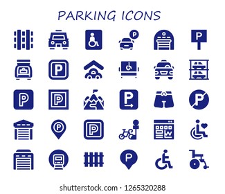  parking icon set. 30 filled parking icons. Simple modern icons about  - Railway, Taxi, Wheelchairs,  Garage, Trunk, Disabled, Parkings, Ramp, No parking, Parking sign