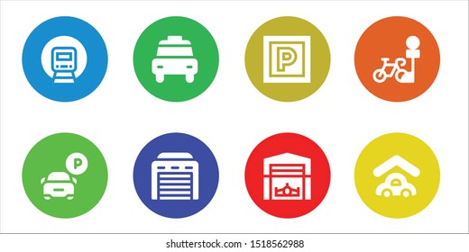 parking icon set. 8 filled parking icons.  Simple modern icons about  - Railway, Parking, Taxi, Garage, Hangar