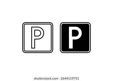 Parking Icon Set. A black icon of a parking sign, representing parking availability.