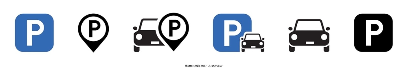 Juego de iconos de estacionamiento. Icono de estacionamiento de coches. Aparcamiento y señales de tráfico aislados en un fondo blanco. Puntero de estacionamiento de mapas. Ilustración vectorial.