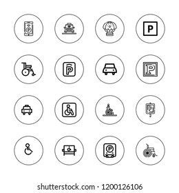 Parking icon set. collection of 16 outline parking icons with disability, disabled, handicap, landing, parking, taxi icons.