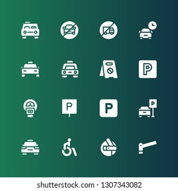 parking icon set. Collection of 16 filled parking icons included Parking, Shuttle, Disabled, Taxi, meter, No No trucks