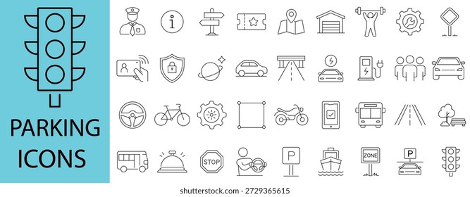Conjunto de Ícones de Estacionamento. Apresenta ícones de placas de estacionamento, carros, garagens, bilhetes, mapas, carregamento de VE. Perfeito para aplicativos, mapas, interface do usuário, sinalização, web.

