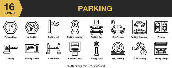 Parking icon set. Includes car barrier, machine ticket, parking basement, parking lot, parking ticket, and More. Outline icons vector collection.